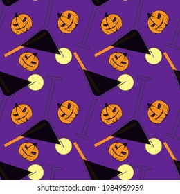 Pattern Halloween black martini, lemonade, with lemon, pumpkin hand drawing. For banner, background, textile, backdrop.