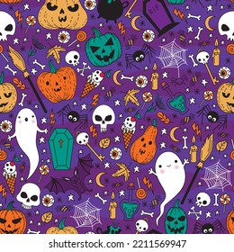 Pattern with Halloween drawings. Pattern for clothing, fabric, packaging in the style of Halloween.