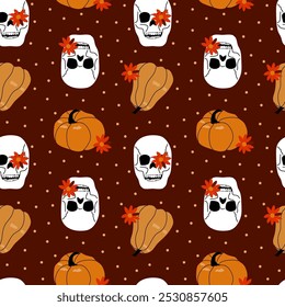 Pattern with Halloween elements and flowers