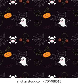 Pattern halloween ghost and spider pumpkin floral in black background.