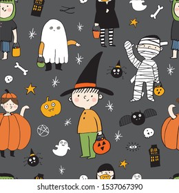 Pattern of Halloween Kids Costume Party with candy box. Group of kids in Halloween costume and cute halloween elements, ghost, pumpkin, bone, spider and stars. Texture, fabric background. - Vector