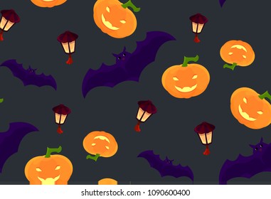 Pattern for Halloween with laughing pumpkins, bats and hovering lanterns. Seamless Halloween holiday decoration template with pumpkins, bats and magic lanterns