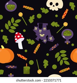 Pattern for Halloween. Leaves, skull, potion, candles, pumpkin castle, candy in cartoon style on a white background. Funny pattern for textiles and packaging.