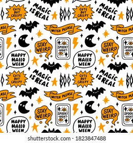 Pattern with Halloween lettering inscriptions and bats, moon and stars, lightning, fortune-telling card. Beautiful fabric print. It can be used for packaging, wrapping paper, textile, home decor 