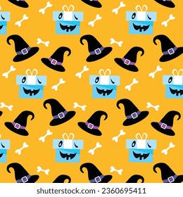 Pattern, Halloween, magic hat, bones and a blue gift with a funny face