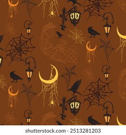 pattern Halloween mystical crow with a lamp near the moon in the web