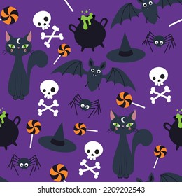 Pattern for Halloween on a purple background. Pattern with cats, bats and skulls for fabric, decor, packaging.