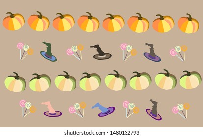 Pattern for Halloween with a picture of pumpkin,caramel and witch hats. Used for wrapping paper,holiday invitations.