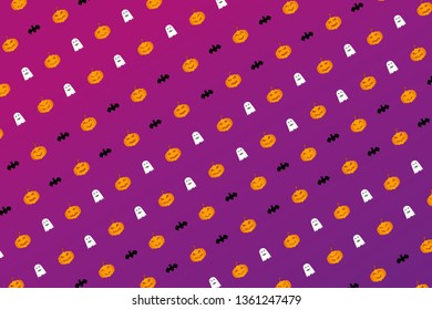 pattern halloween with pumpkin ghost and bat in purple background.