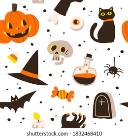 Pattern for Halloween. Pumpkin, ghost, bat, candy, Witch hat, and other items on Halloween theme. Vector seamless pattern.