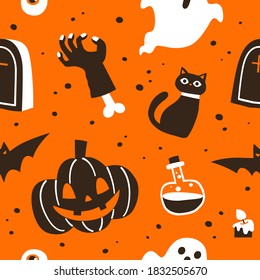 Pattern for Halloween. Pumpkin, ghost, bat, candy, Witch hat, and other items on Halloween theme. Vector seamless pattern.