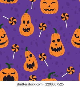 
Pattern for Halloween with pumpkins and candies on a purple background. Pattern for clothes, packaging, decor.
