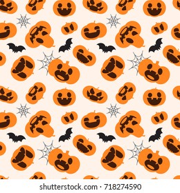 Pattern for Halloween. Seamless pattern with pumpkins, bats and cobwebs. Flat cartoon illustration.