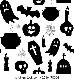 Pattern from halloween silhouettes. Black elements, pumpkin, skull, cauldron, bat, candle, spider web, adulation For festive decoration Vector illustration
