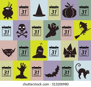 Pattern Halloween skull, pumpkin, Ghost, bat and vampire on colorful background. Vector illustration.
