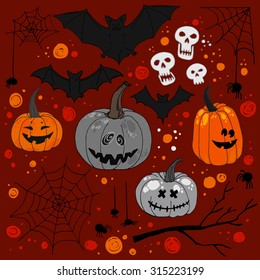 Pattern Halloween vector. Funny pumpkins, spiders and cobwebs, bats. Decorating for the holidays, autumn decor, children's drawing, scribble, color ornament