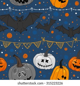 Pattern Halloween vector. Funny pumpkins, spiders and cobwebs, bats. Decorating for the holidays, autumn decor, children's drawing, scribble, color ornament