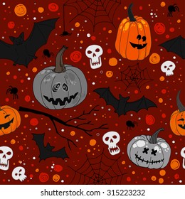 Pattern Halloween vector. Funny pumpkins, spiders and cobwebs, bats. Decorating for the holidays, autumn decor, children's drawing, scribble, color ornament