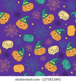 Pattern. Halloween, vector icons of pumpkin in a wizard's hat. Web. Drawings, doodles.Cute smiling Halloween pumpkin. Evil pumpkin. Vector print, repeating background for textile, wrapping paper.