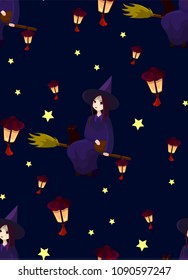 Pattern for Halloween with a witch and lanterns. A seamless pattern for the holiday celebration of Halloween with a witch and small magical flashlights.