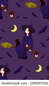 Pattern for Halloween with a witch and lanterns. A seamless pattern for the holiday celebration of Halloween with a witch and small magical flashlights.