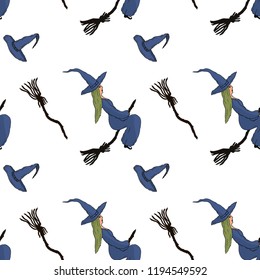 Pattern for Halloween. Witches flying on broomsticks, witche`s hats and brooms on a white background. Hand drawing. Vector.