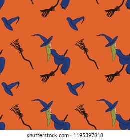 Pattern for Halloween. Witches flying on broomsticks, witche`s hats and brooms on a orange background. Hand drawing. Vector.