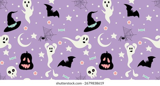 Patrón de Halloween sin fisuras con lindos y aterradores fantasmas, murciélagos, arañas, calaveras, calabazas y estrellas en un fondo púrpura
