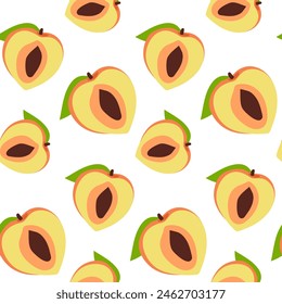 A pattern of halves of colored peaches. Delicate colors, detailed texture, realistic shading of fruits with leaves. Vector illustration in a pair. Colored delicate fruits seamless pattern