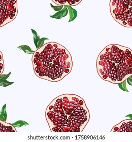 Pattern with halves of realistic ripe pomegranate with green leaves on white background. For wallpapers, packaging of plant products, backgrounds, decor, fabrics.