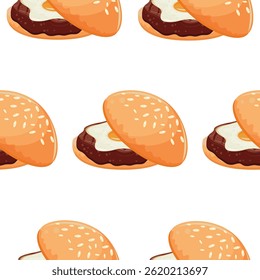 pattern with hamburger icon with wheat bun with congee and beef patty and fried chicken egg, for World Burger Day