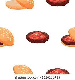 pattern with hamburger icon with wheat bun with congee and fried beef patty and red tomato slices, for World Burger Day