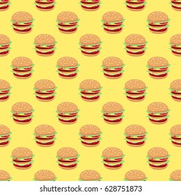 Pattern with hamburgers on a yellow background. Fast food. Big Mac.