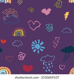 Patrón de dibujos a mano de gráficos infantiles, ilustraciones de estilo doodle. Arco iris, nube, lluvia, sol