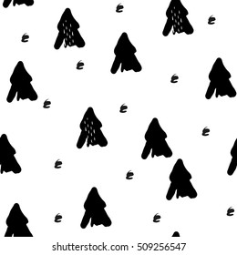 Pattern with hand draw fir-trees on white background. Christmas seamless ornament for textile and wrapping. Vector