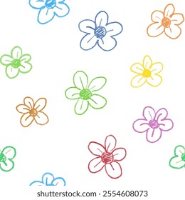 Pattern with hand draw pencil flowers. Vector isolated. Colorful with texture.