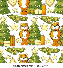 Pattern in hand draw style. Seamless vector pattern for year of the tiger 2022. Tiger, Christmas tree, gifts