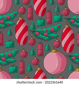 Pattern in hand draw style. Seamless vector pattern with Christmas tree decorations, gifts. New Year's Holidays