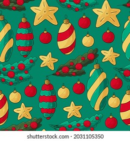 Pattern in hand draw style. Seamless vector pattern with stars, Christmas tree decorations. New Year. Can be used for fabric