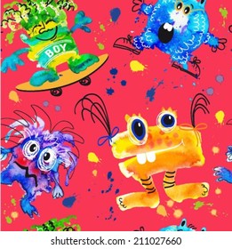 pattern with hand drawing by water color  cartoon monsters 