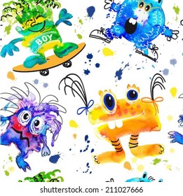 pattern with hand drawing by water color  cartoon monsters 