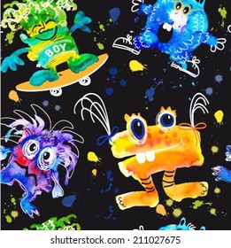 pattern with hand drawing by water color  cartoon monsters 