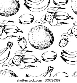 Pattern with hand drawing fruits. Seamless background with various fruits. Vector illustration.