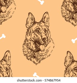 Pattern hand drawing German shepherd with white bones on beige background