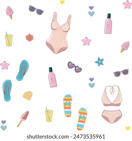 pattern hand drawn beach elements.
Colorful Summer Pattern Featuring Sunglasses, Swimsuits, and Flip-Flops