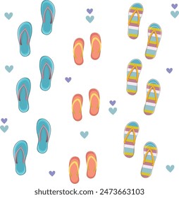 pattern hand drawn beach elements.
Vector set with cute and colorful summer flip flops for beach