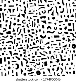 Pattern with hand drawn black geometric shapes. Pen paint freehand lines, squares, triangles, circles etc. Monochrome wallpaper design