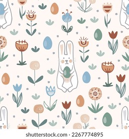 Pattern with hand drawn bunnies, Easter eggs and doodle flowers. Vector seamless pattern in Scandinavian, boho, country style for fabric, wrapping paper, clothing