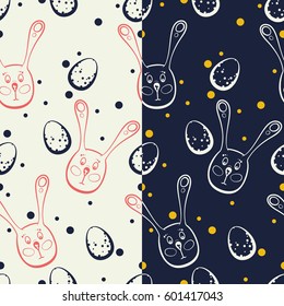 Pattern with hand drawn bunnies and spotted Easter eggs.