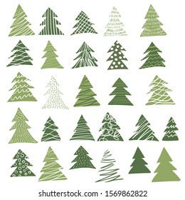 Pattern with hand drawn Christmas fir trees trees green color Isolated on white background.